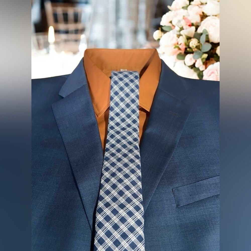 Men’s Plaid Tie Navy Blue White 57.75"x3.25"